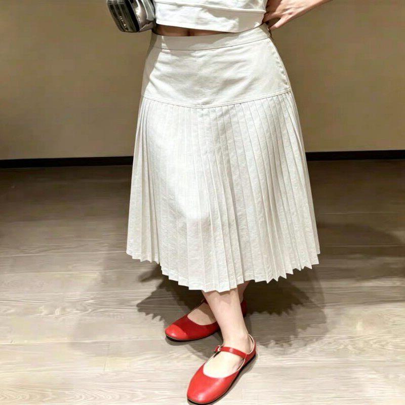 A-Line Skirt Midi - White Heavyweight Pleated Half Skirt Women's