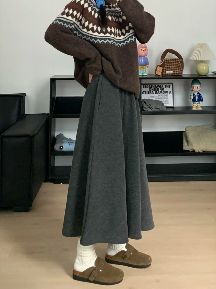 A-Line Skirt Midi - Gray A-Line Midi Skirt Pleated Hip
