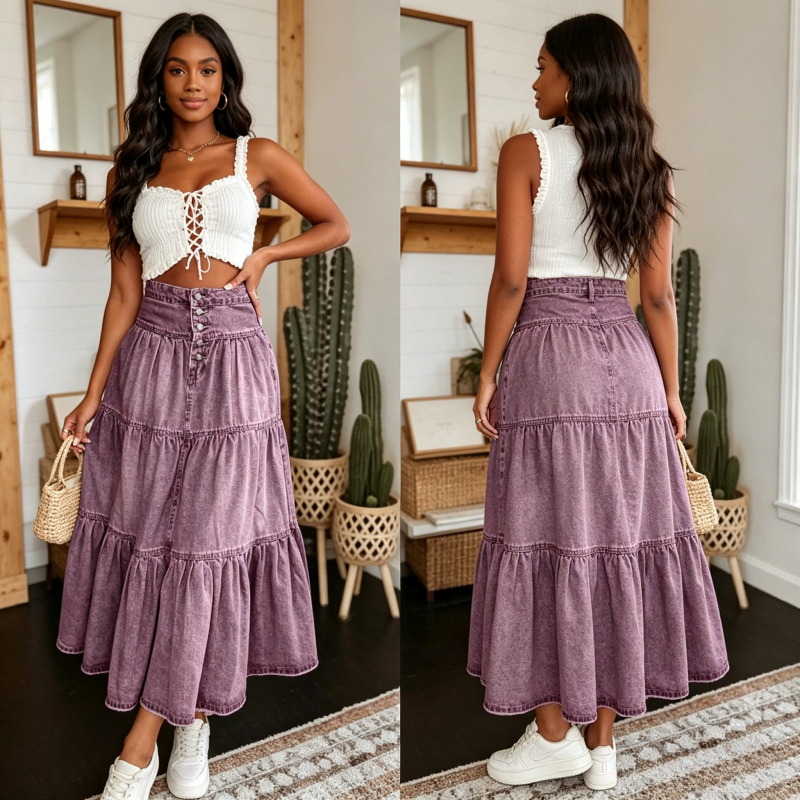 A-Line Skirt Midi - Long Skirt Women Vintage Denim Layered