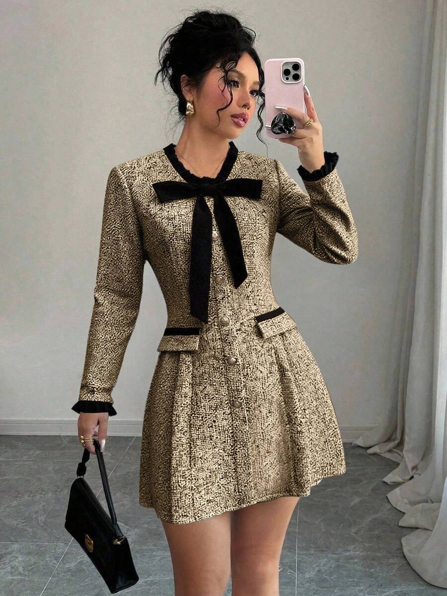 Pleated Skirt Women - Womens Tweed Long Sleeve Dress With