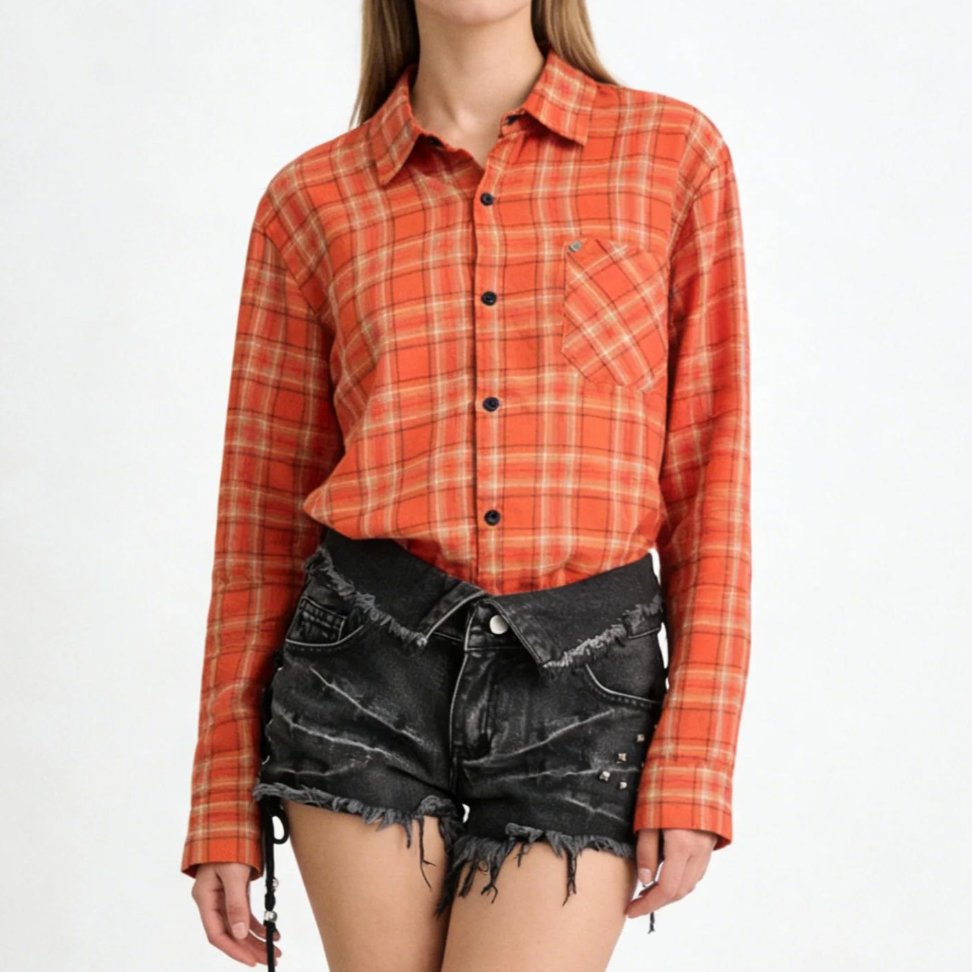Women's Orange Collared Long S - Women'S Y2K Fashion Aesthetic ulasan dan harga