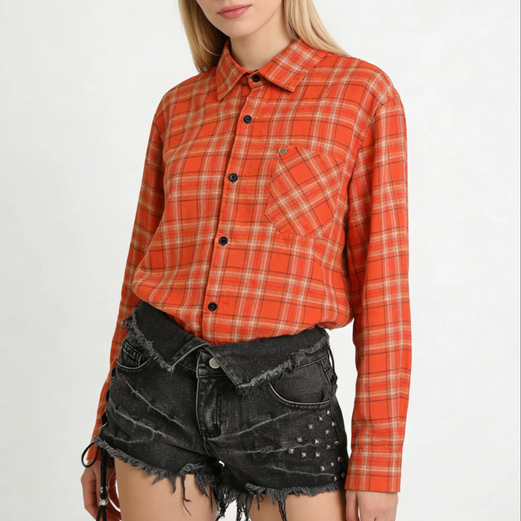 Women's Orange Collared Long S - Women'S Y2K Fashion Aesthetic ulasan dan harga