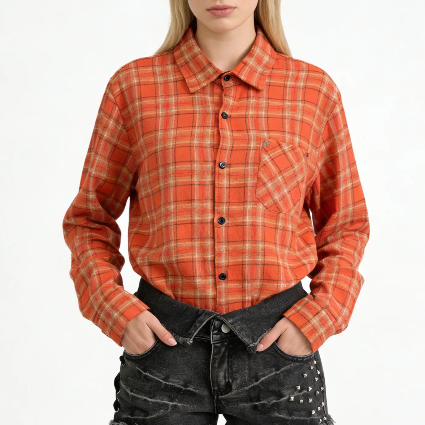 Women's Orange Collared Long S - Women'S Y2K Fashion Aesthetic ulasan dan harga