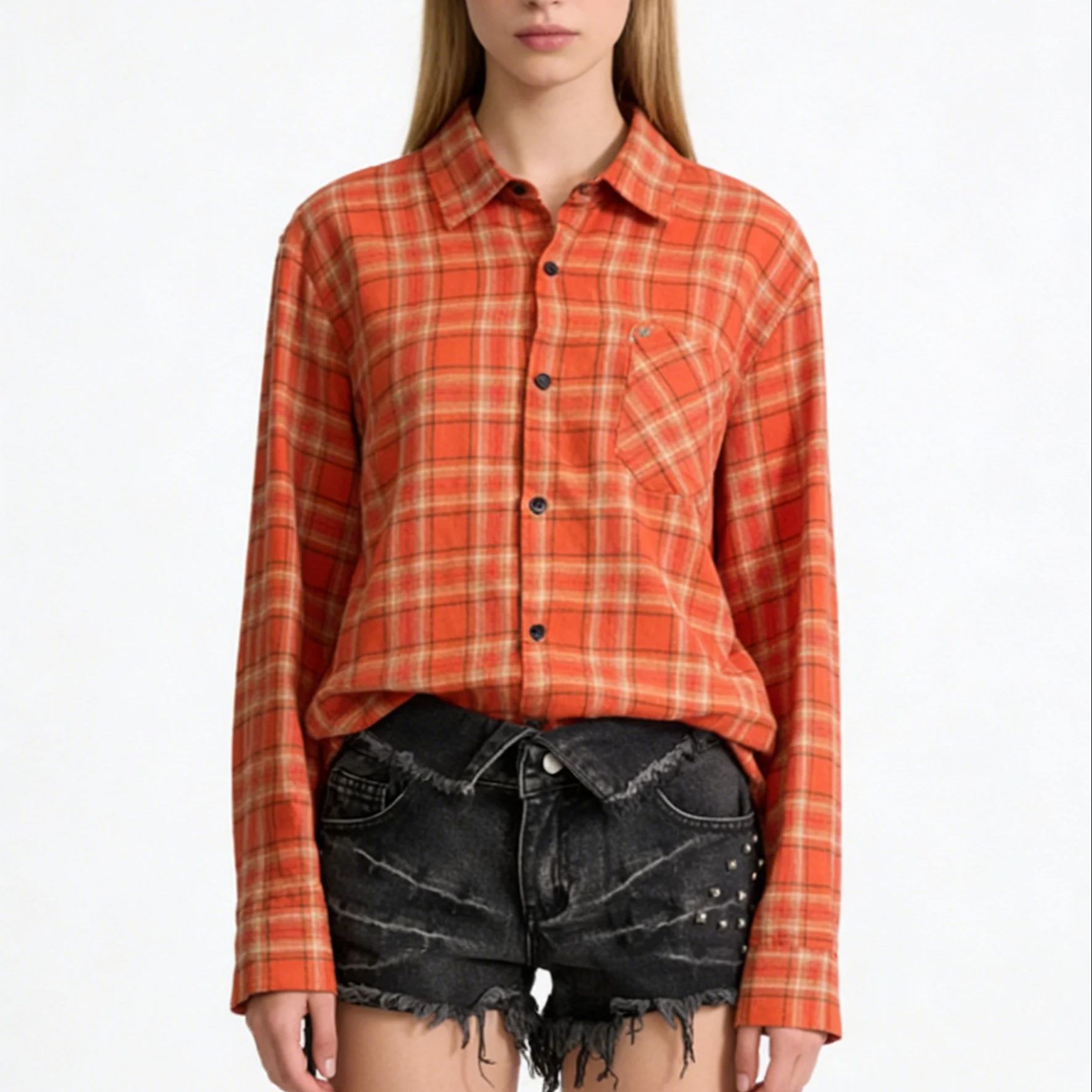 Women's Orange Collared Long S - Women'S Y2K Fashion Aesthetic ulasan dan harga