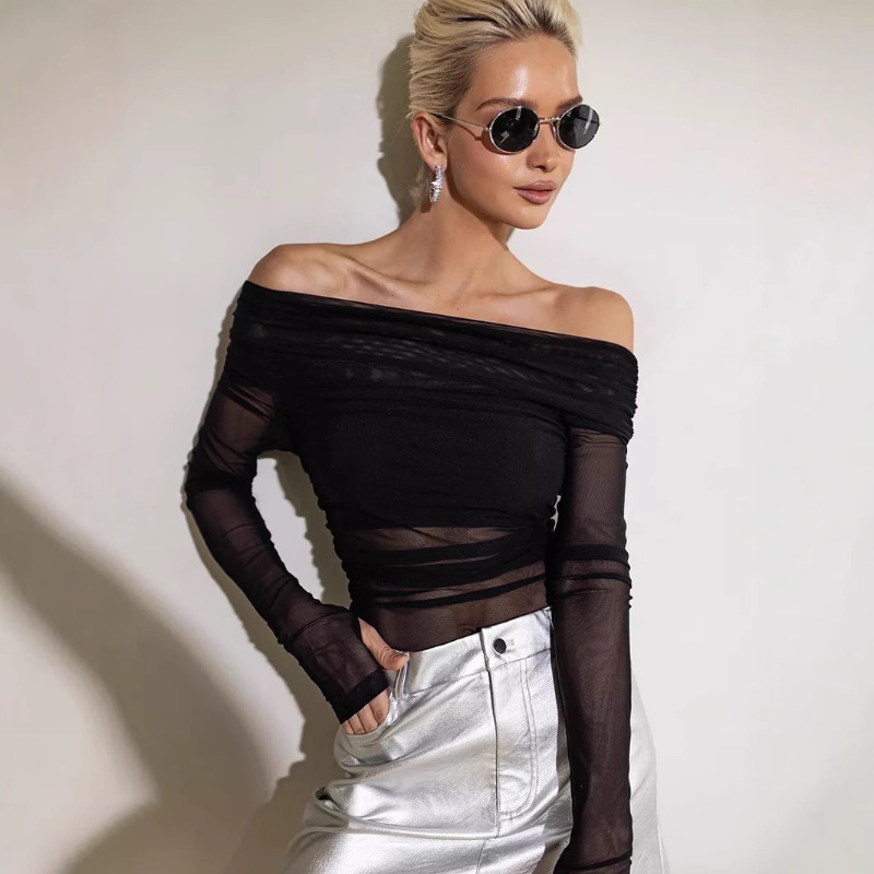 Women  Mesh Off Shoulder Top S - Crop Top Women ulasan dan harga