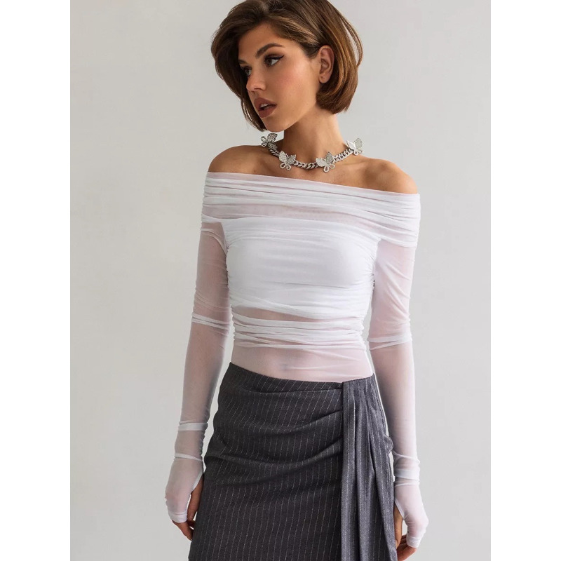 Women  Mesh Off Shoulder Top S - Crop Top Women ulasan dan harga