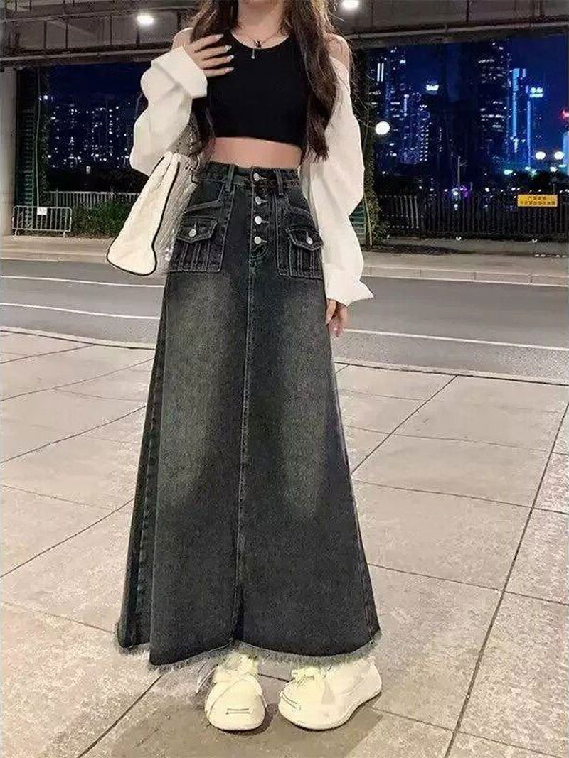 High Waist A-Line Midi Denim S - A-Line Skirt Midi ulasan dan harga