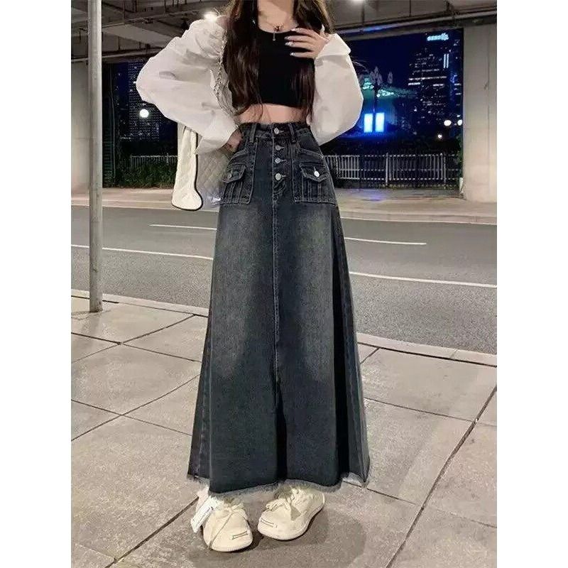 High Waist A-Line Midi Denim S - A-Line Skirt Midi ulasan dan harga