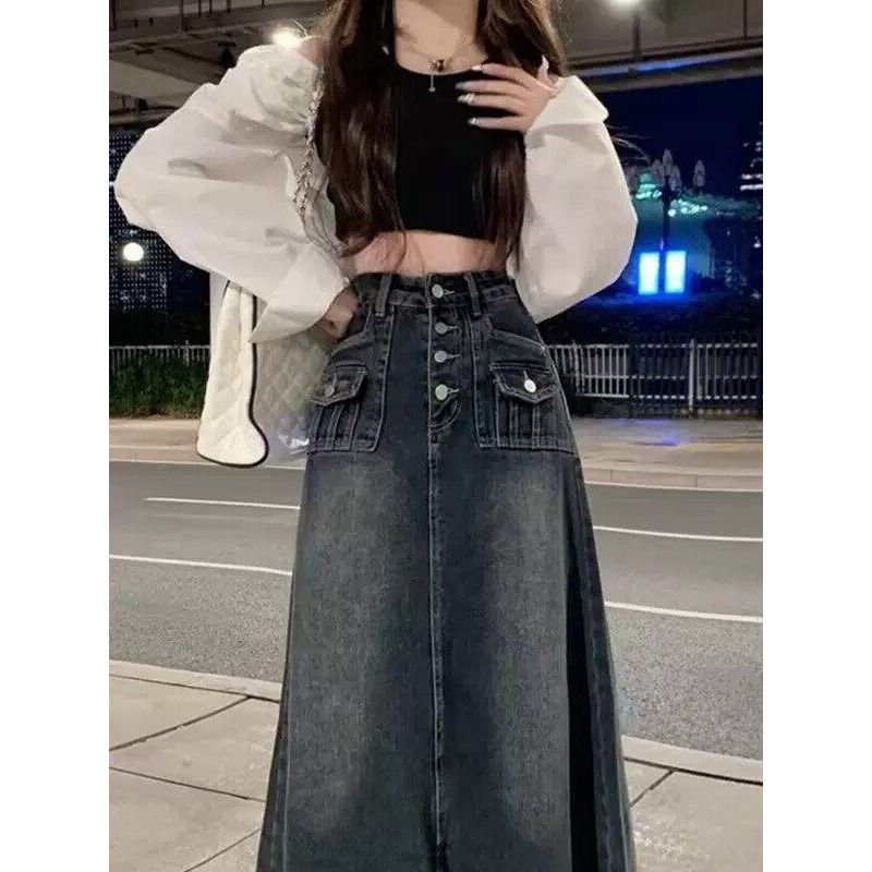 High Waist A-Line Midi Denim S - A-Line Skirt Midi ulasan dan harga