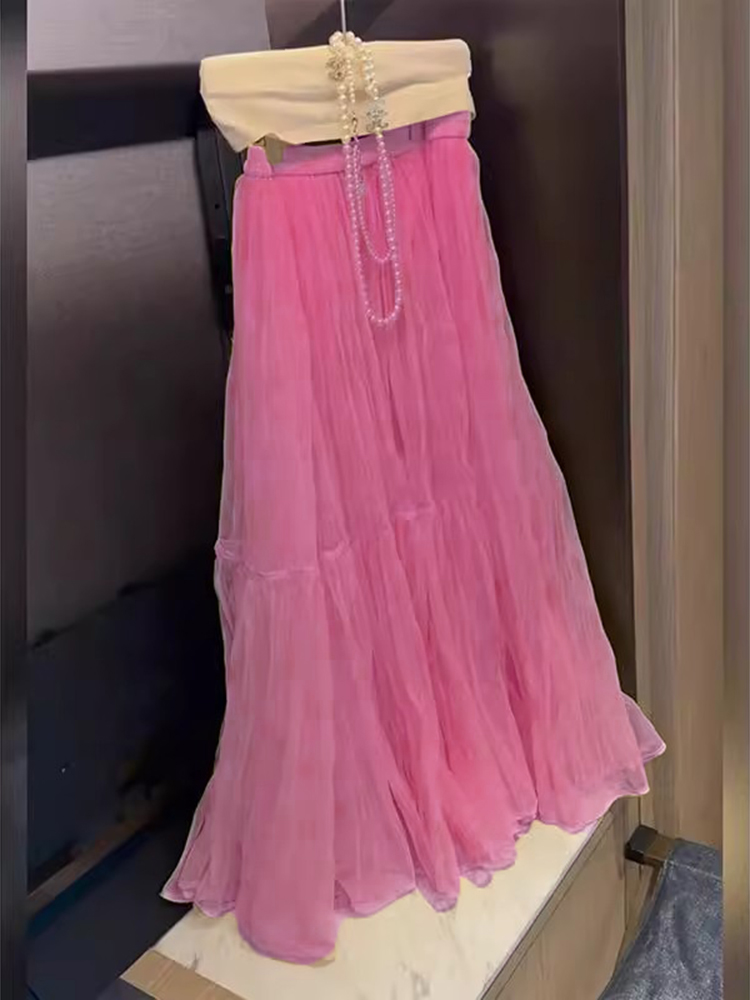 Elegant High Waist Mesh Half S - A-Line Skirt Midi ulasan dan harga