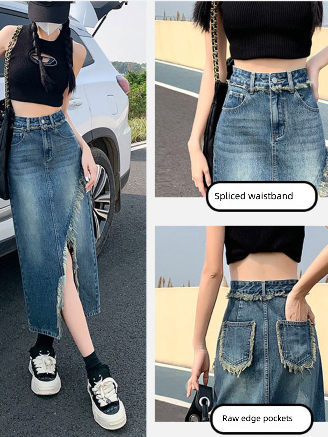 Women's High Waist Denim Skirt - A-Line Skirt Midi ulasan dan harga