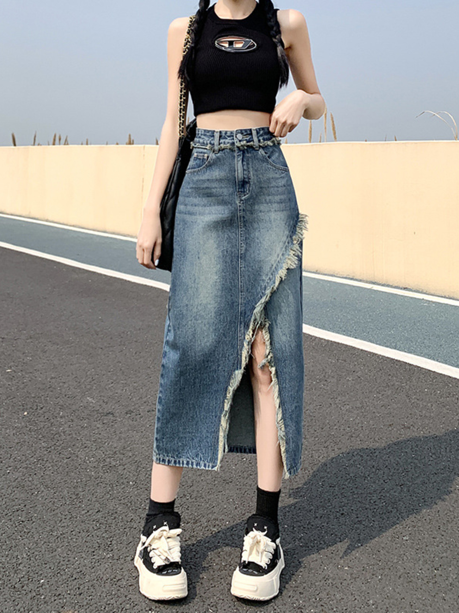 Women's High Waist Denim Skirt - A-Line Skirt Midi ulasan dan harga