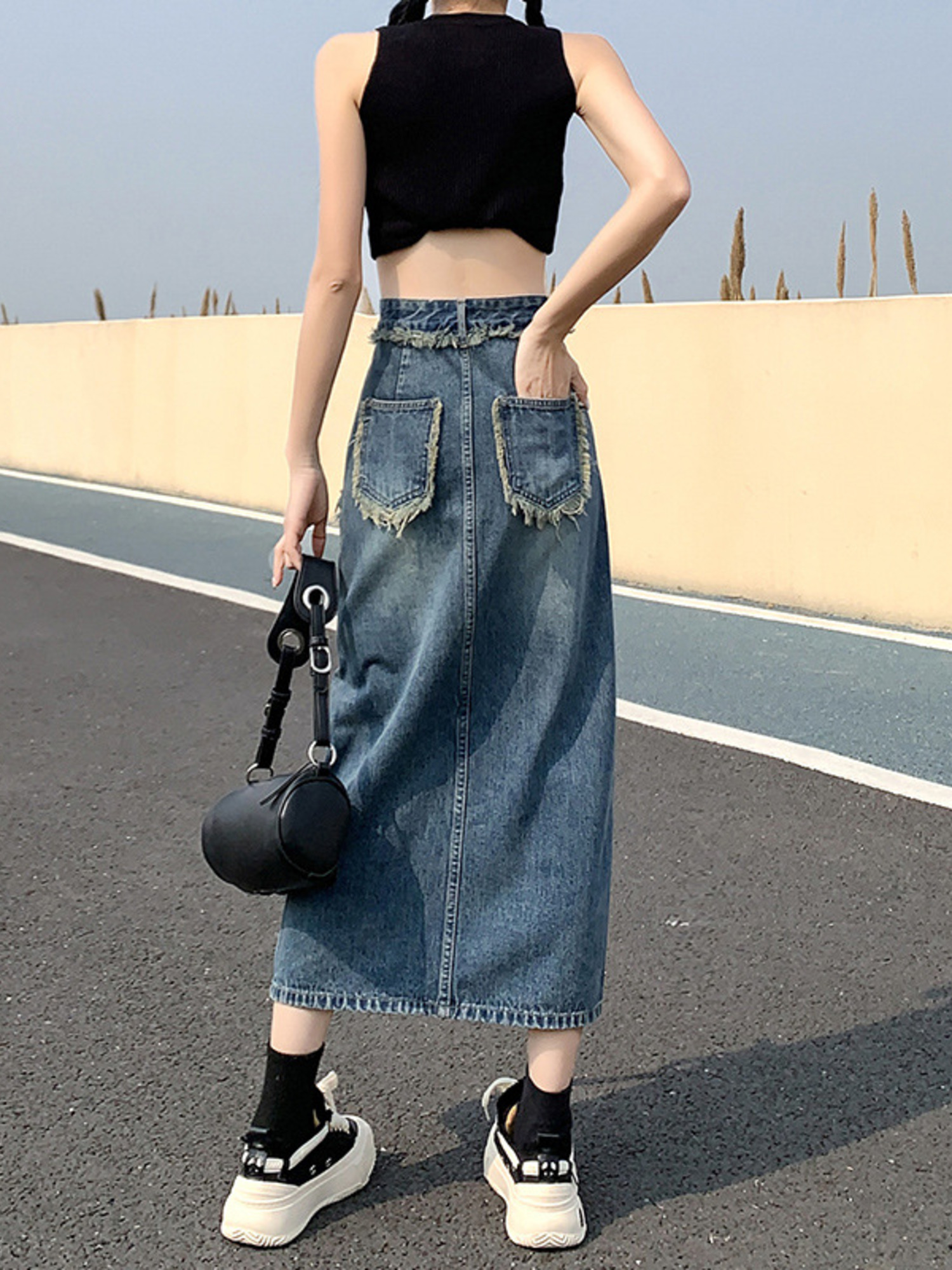Women's High Waist Denim Skirt - A-Line Skirt Midi ulasan dan harga