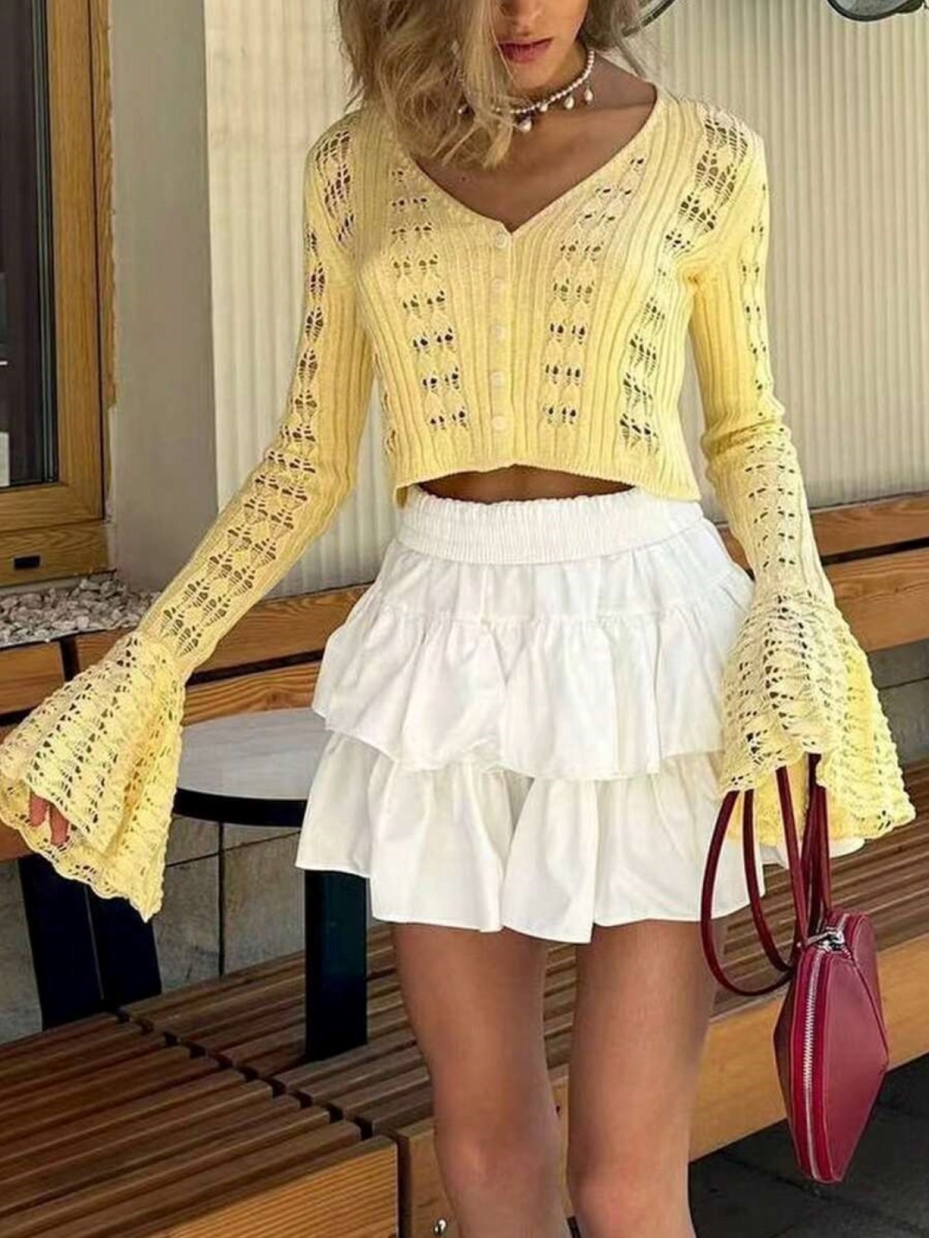 Womens Yellow Crochet Knit Fla - Crop Top Women ulasan dan harga