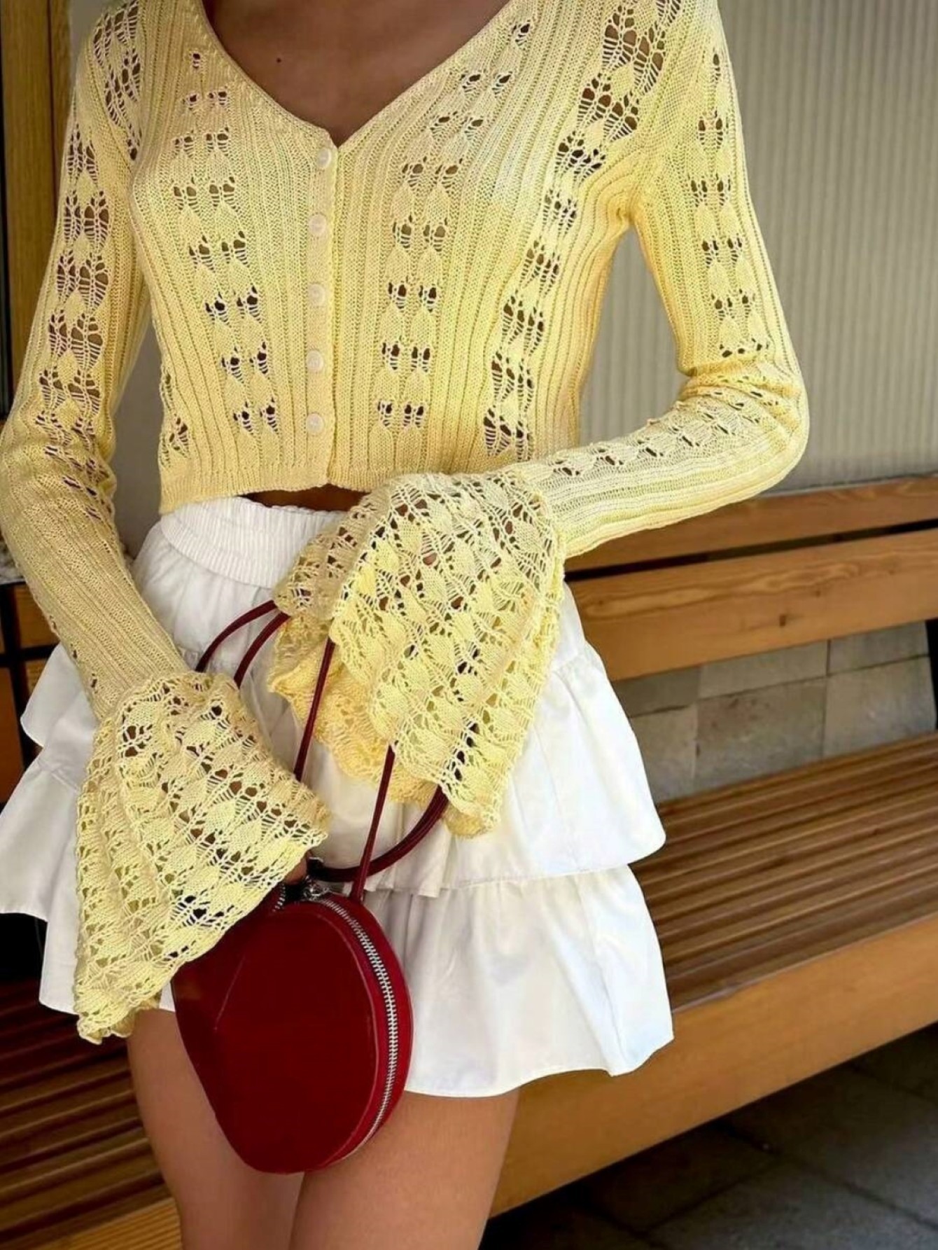 Womens Yellow Crochet Knit Fla - Crop Top Women ulasan dan harga