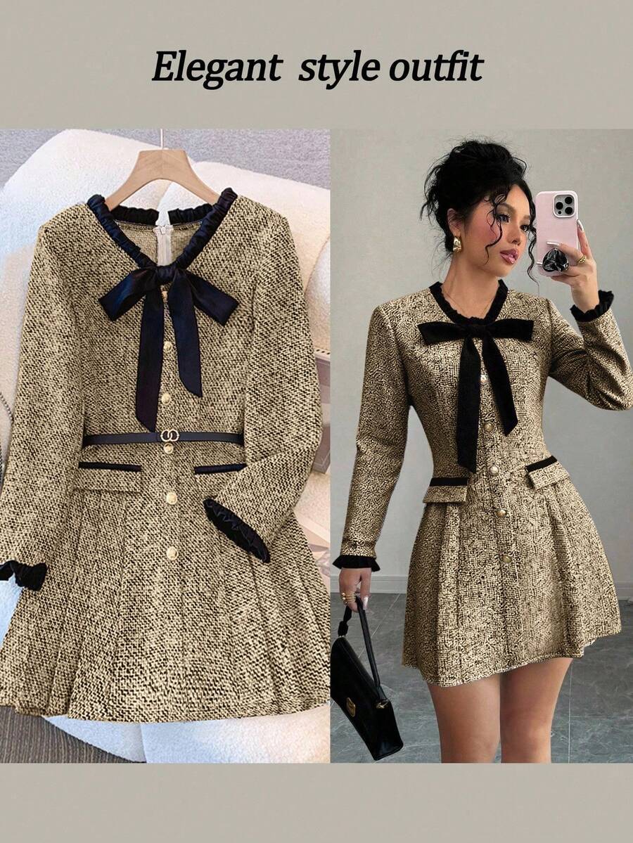 Womens Tweed Long Sleeve Dress - Pleated Skirt Women ulasan dan harga
