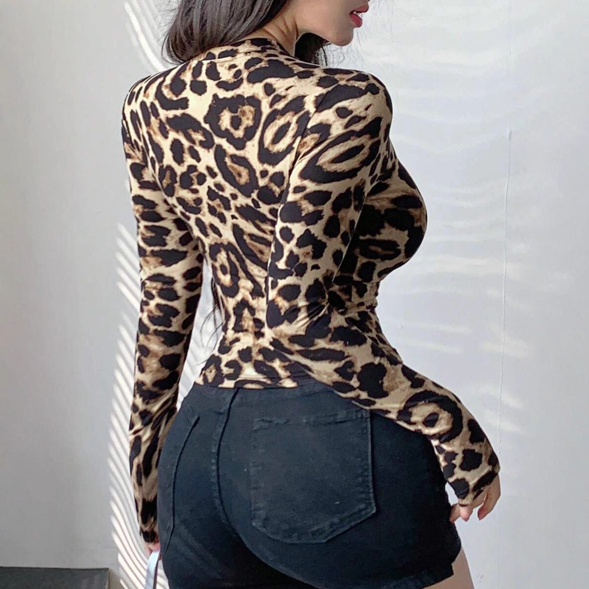 Women Leopard Print Zip Up Lon - Crop Top Women ulasan dan harga