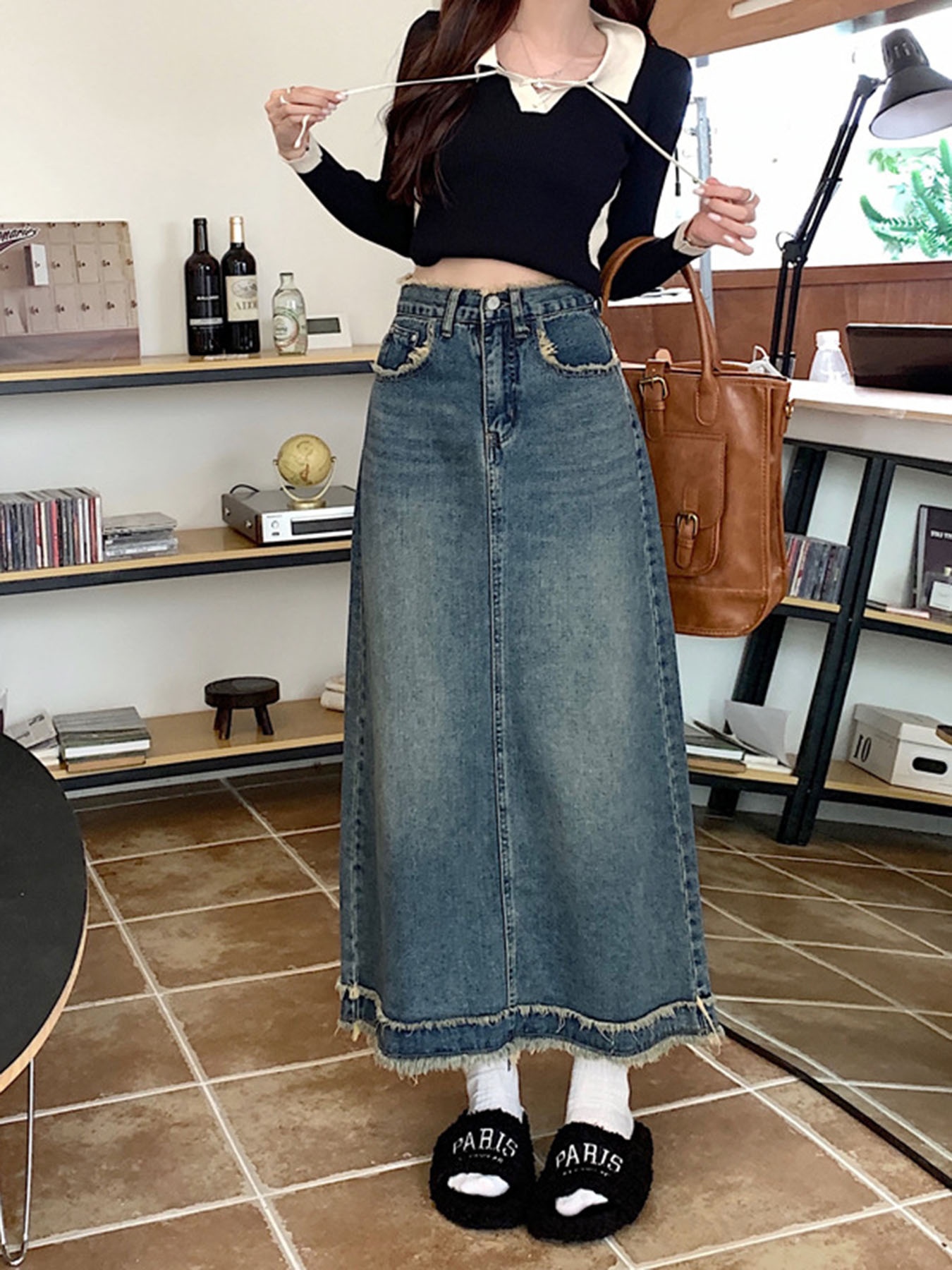 Vintage Frayed Edge High-Waist - A-Line Skirt Midi ulasan dan harga