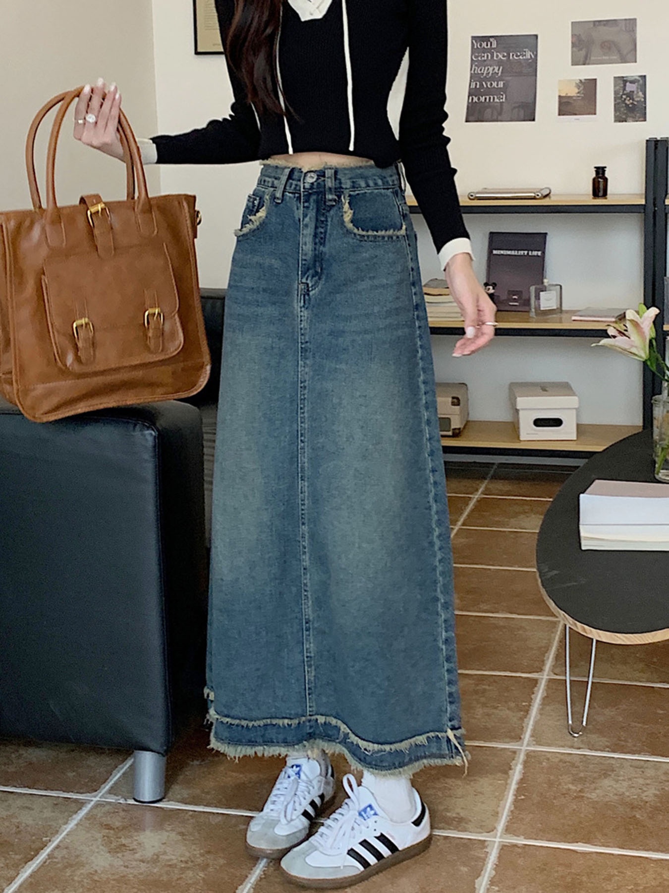 Vintage Frayed Edge High-Waist - A-Line Skirt Midi ulasan dan harga