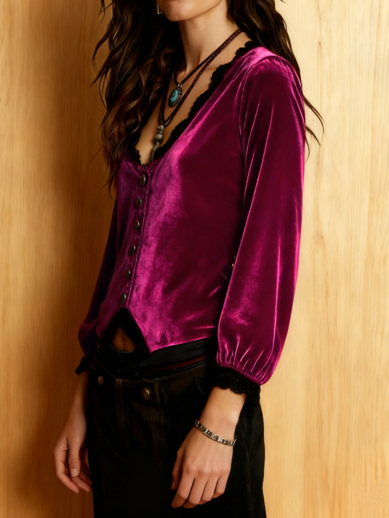 V Neck Lace Trim Button Down B - Crop Top Women ulasan dan harga